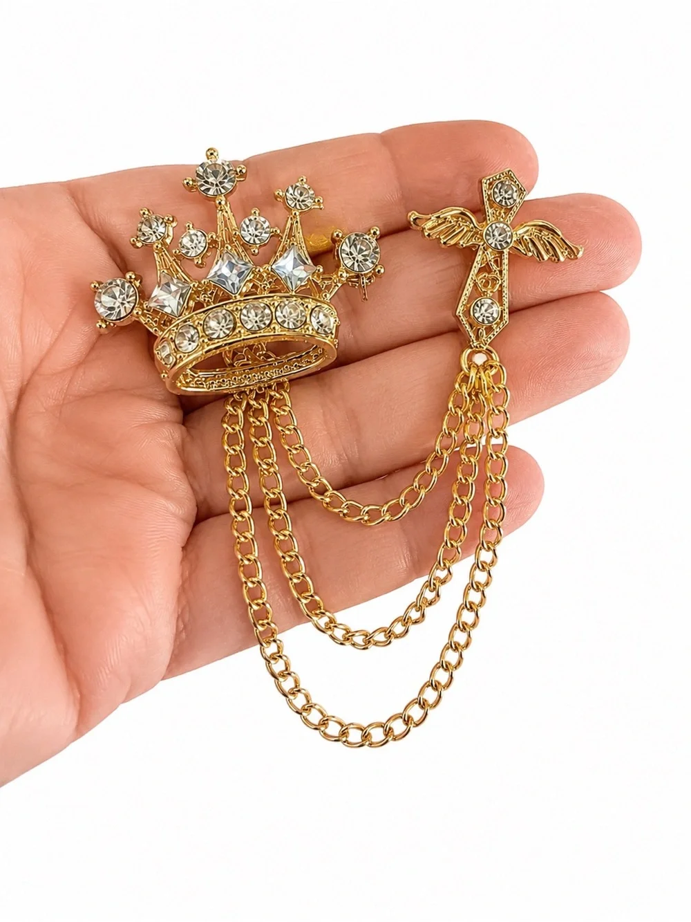 New Gold Tone Crown & Wing Double Pin Brooch Rhinestone Chain Lapel Fashion